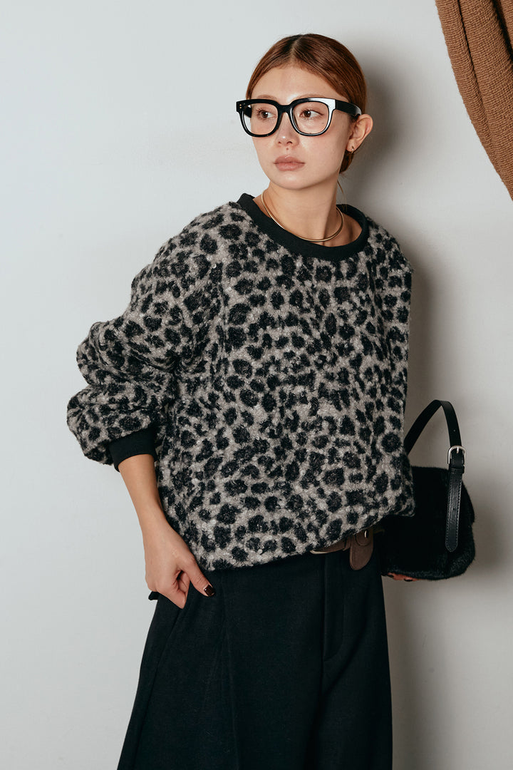 レオパード柄ボアトップス/ブラック