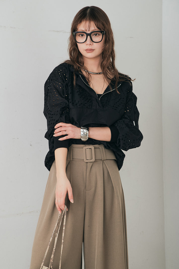 [SET]レースハーフジップアップフーディー+ベルト付きツータックワイドパンツ(2set)