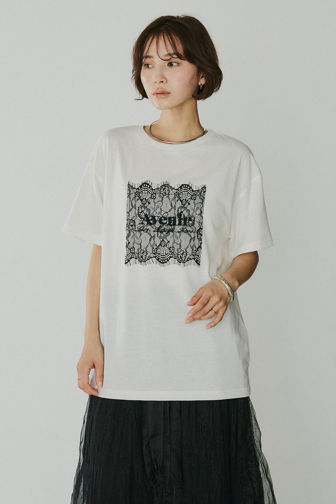 [SET]レースロゴ刺繍Tシャツ+レースコンビワッシャーギャザースカート(2set)