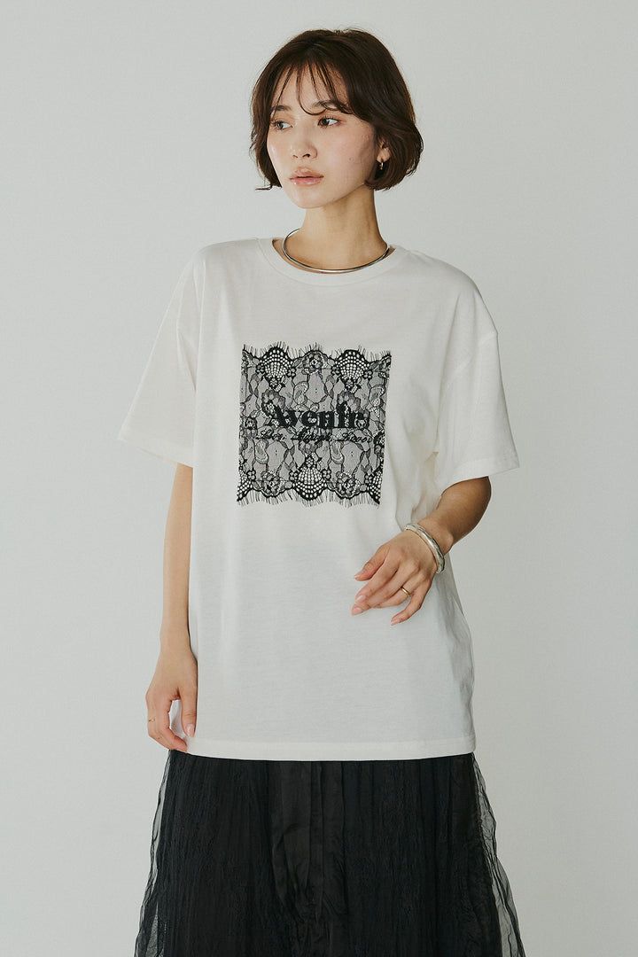 [SET]レースロゴ刺繍Tシャツ+レースコンビワッシャーギャザースカート(2set)