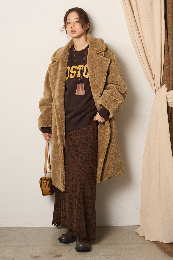 [SET]テディボアロングコート+ロゴデザインルーズスウェット+花柄刺繍ベロアフレアスカート(3set)