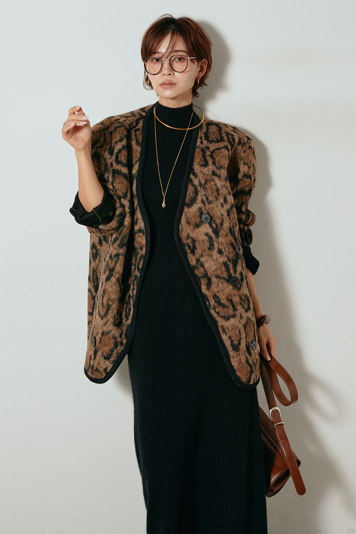 [SET]ノーカラーレオパード柄アウター+ノースリーブニットロングワンピース(2set)