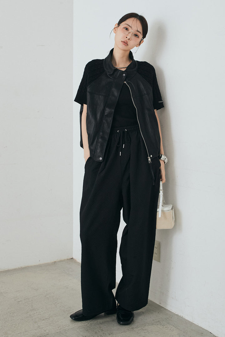 [SET]ニット切替レザーライクベスト+シアサッカーイージーパンツ(2set)