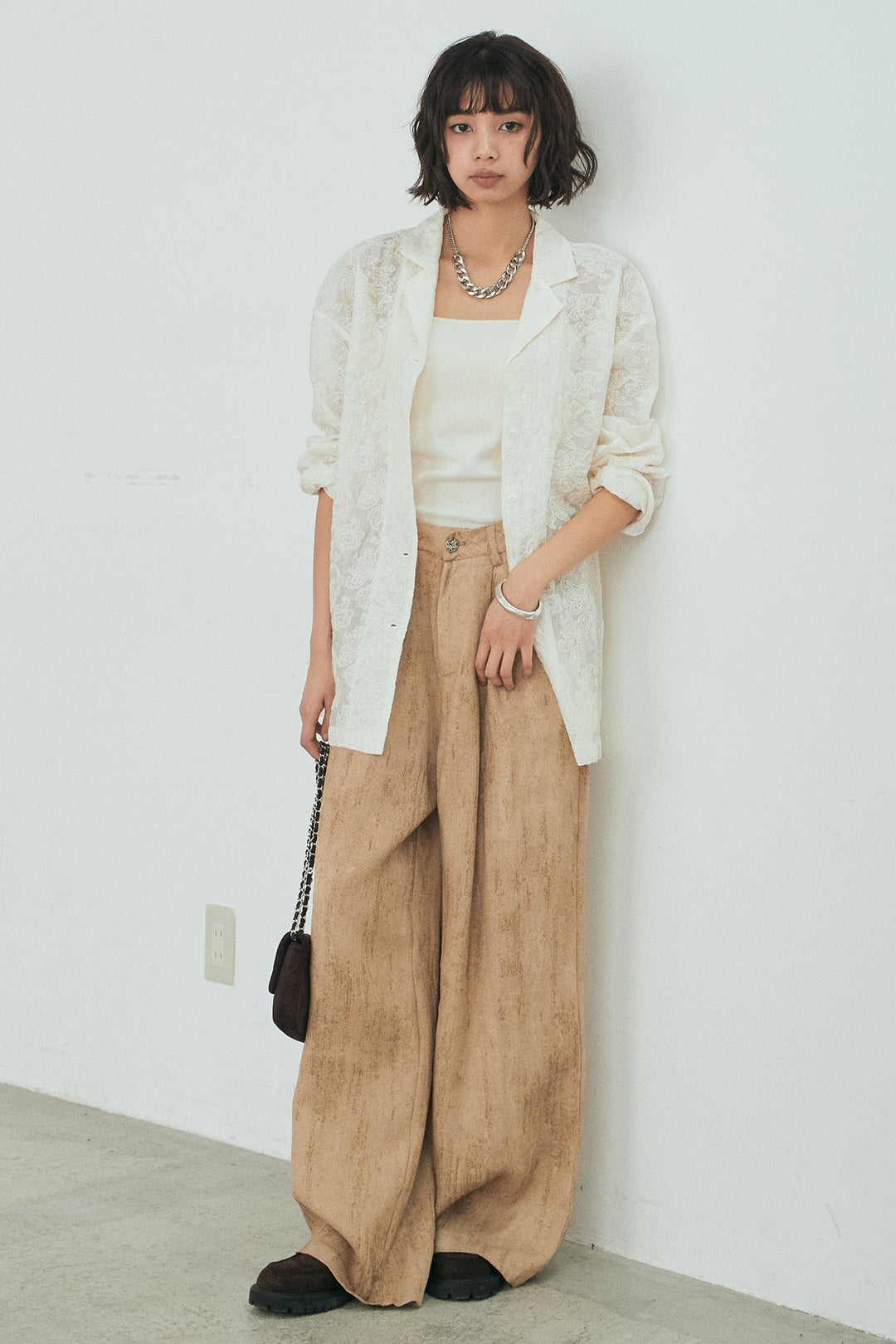 [SET]刺繍シアーオープンカラーシャツ+リネン混かすれ柄ワイドパンツ(2set)