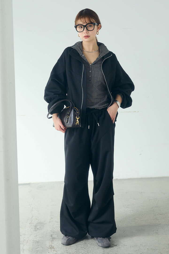 [SET]マルチ切り替えドルマンブルゾン+ランダムタックデザインワイドパンツ+ボーダーフーディーロンT(3set)