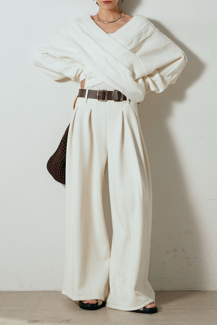 [SET]ケーブルカシュクールニットトップス+フェイクレザー太ベルト付きタックワイドパンツ(2set)