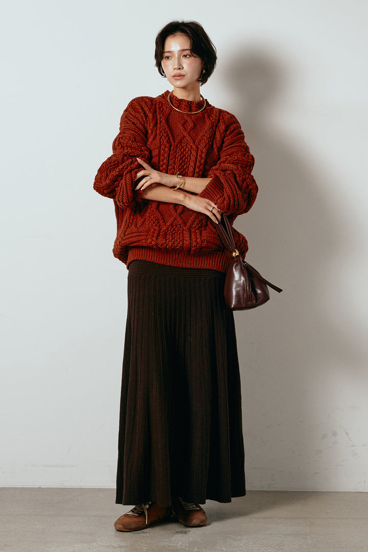 [SET]アラン柄ミックスケーブルニット+編み地切り替えフレアニットスカート(2set)