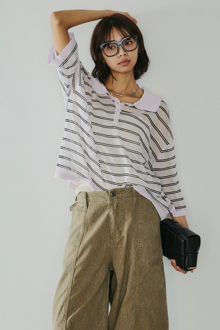 [SET]ボーダーニットポロシャツ+サイドベルトカーブワイドパンツ(2set)