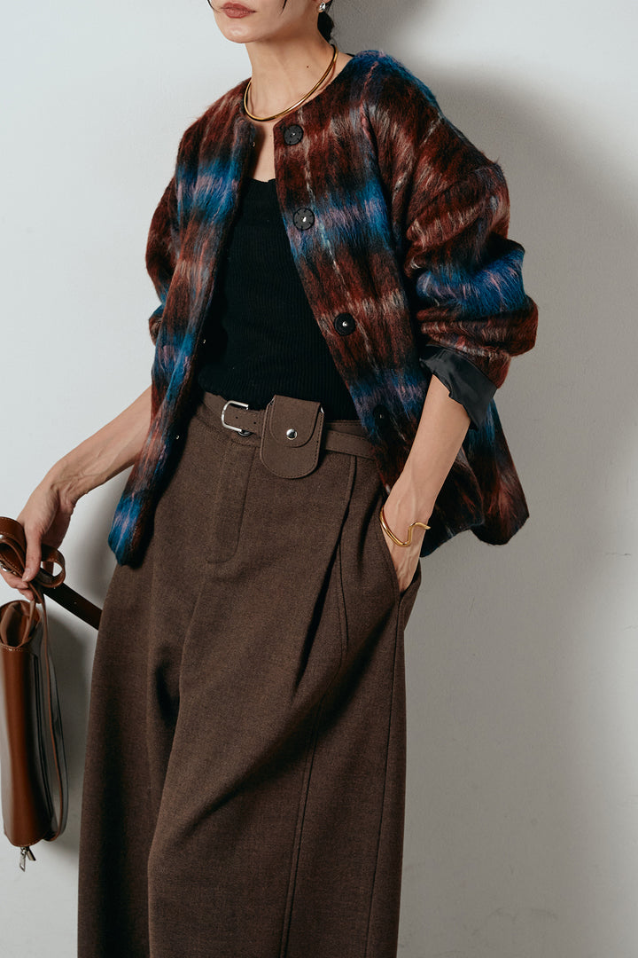 [SET]ノーカラーシャギーチェックアウター+ポーチベルト付きカーブパンツ(2set)