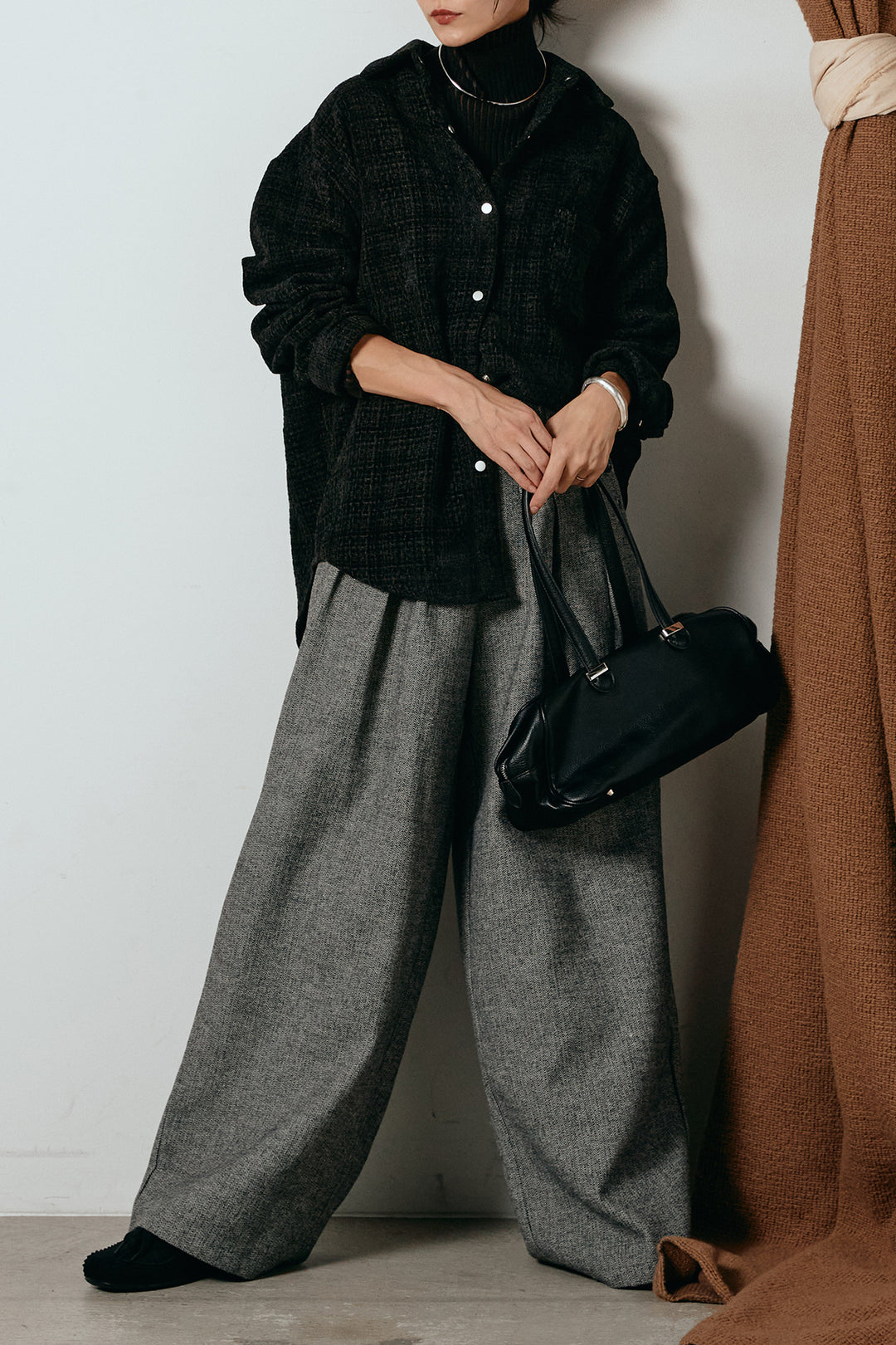 [SET]ルーズクラッシュツイルシャツ+サイドボタンツイードタックパンツ(2set)