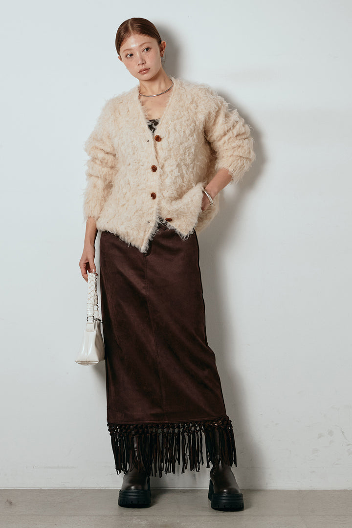 [SET]ルーズシャギーニットカーディガン+スウェードライク裾フリンジスカート(2set)