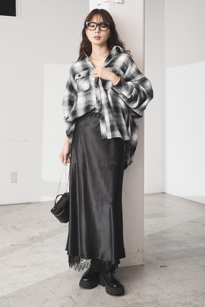 [SET]オンブレーチェックビッグシルエットCPOシャツ+裾レースデザインサテンスカート(2set)