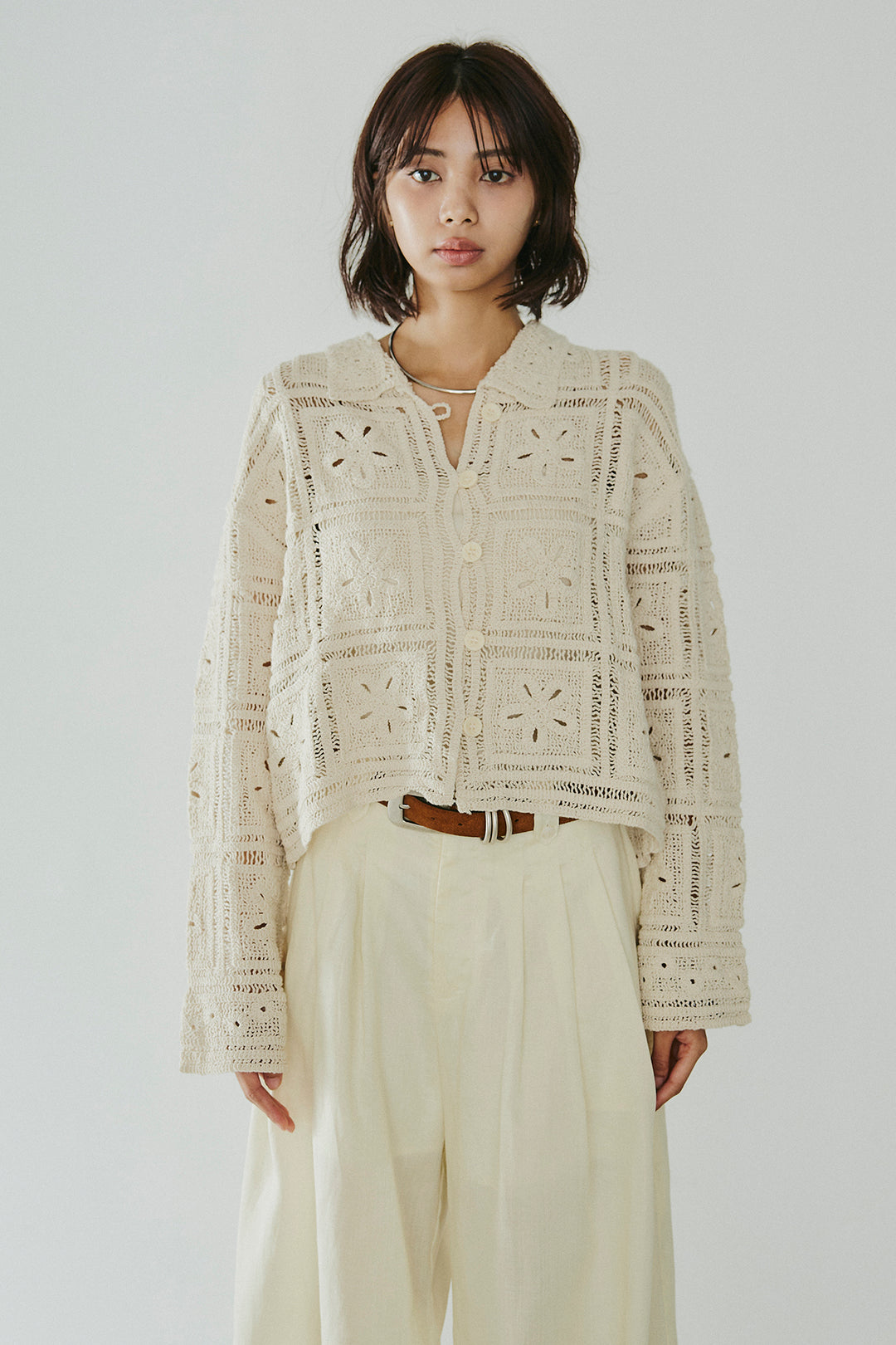 [SET]鍵編みフラワーレースカーディガン+タック入りワイドパンツ(2set)