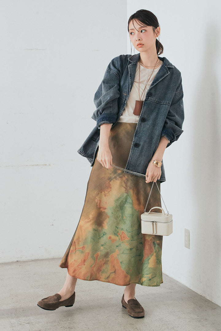[SET]オーバーデニムジャケット+ニュアンス柄サテンスカート(2set)