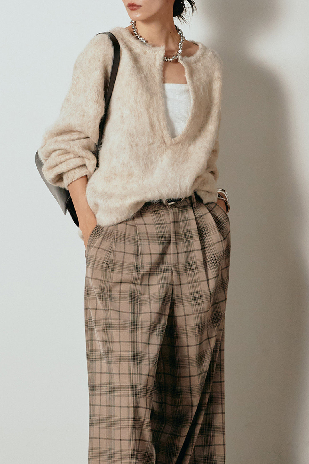 [SET]ミックスシャギー深Vニット+タック入りタータンチェックワイドパンツ(2set)