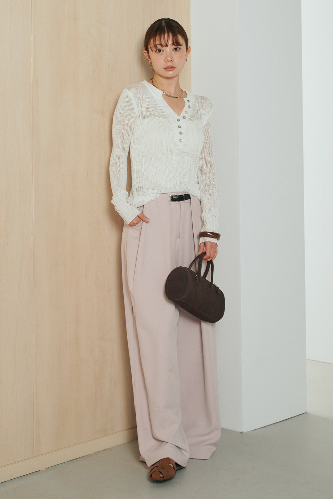 [SET]ヘンリーネックダメージニットプルオーバー+ビックベルトループタックベルト付きワイドパンツ(2set)