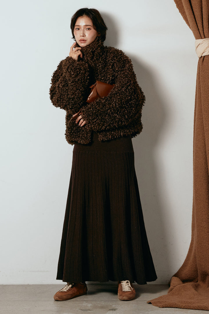 [SET]プードルファーミドルジャケット+編み地切り替えフレアニットスカート(2set)