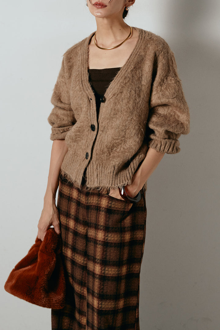 起毛ボタンニットカーディガン/カーキ