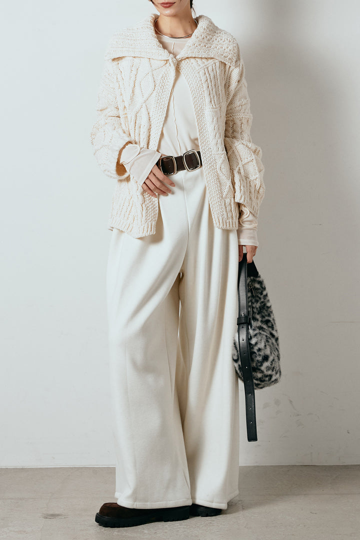 [SET]ビッグカラーケーブル編みニットトップス+2WAY袖コード刺繍クルーネックプルオーバー(2set)