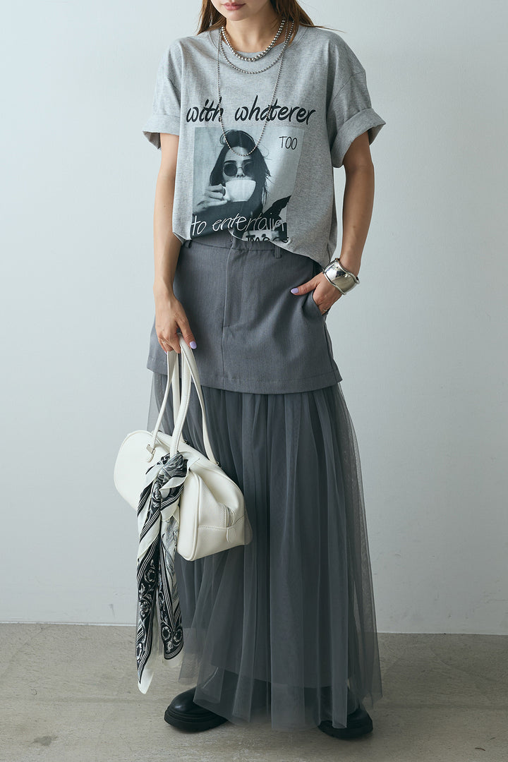 [SET]モノトーンフォトプリントTシャツ+切り替えデザインボリュームチュールスカート(2set)