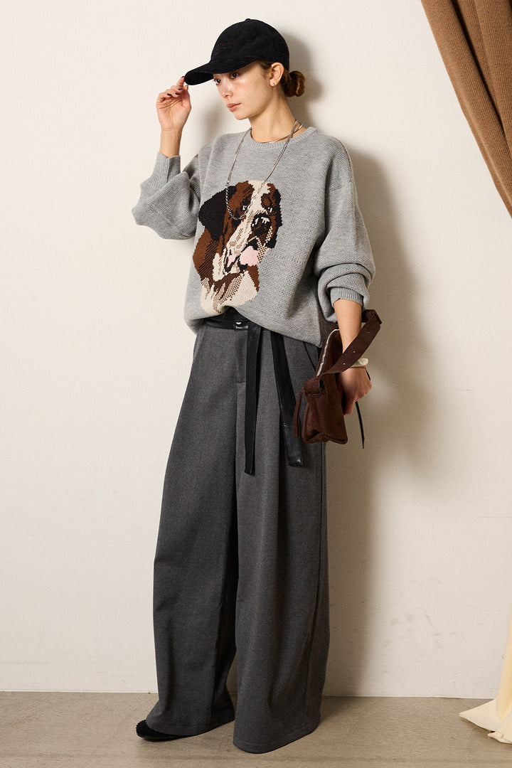 [SET]アニマルジャガード柄ニットトップス+巻ベルトウエストレザーライクワイドパンツ(2set)