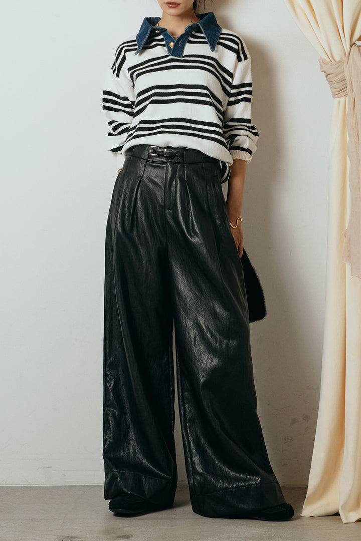 [SET]デニムレイヤード風ランダムボーダーニットプルオーバー+ベルト付きレザーライクタックパンツ(2set)