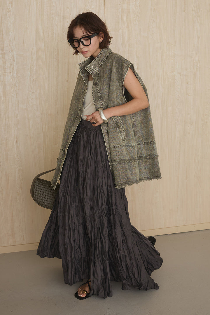 [SET]ケミカルデニムヘムカットオフジレ+イレギュラープリーツイージースカート(2set)