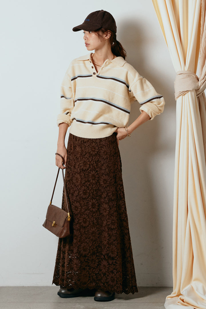 [SET]襟付きマルチボーダーニットポロトップス+花柄刺繍ベロアフレアスカート(2set)