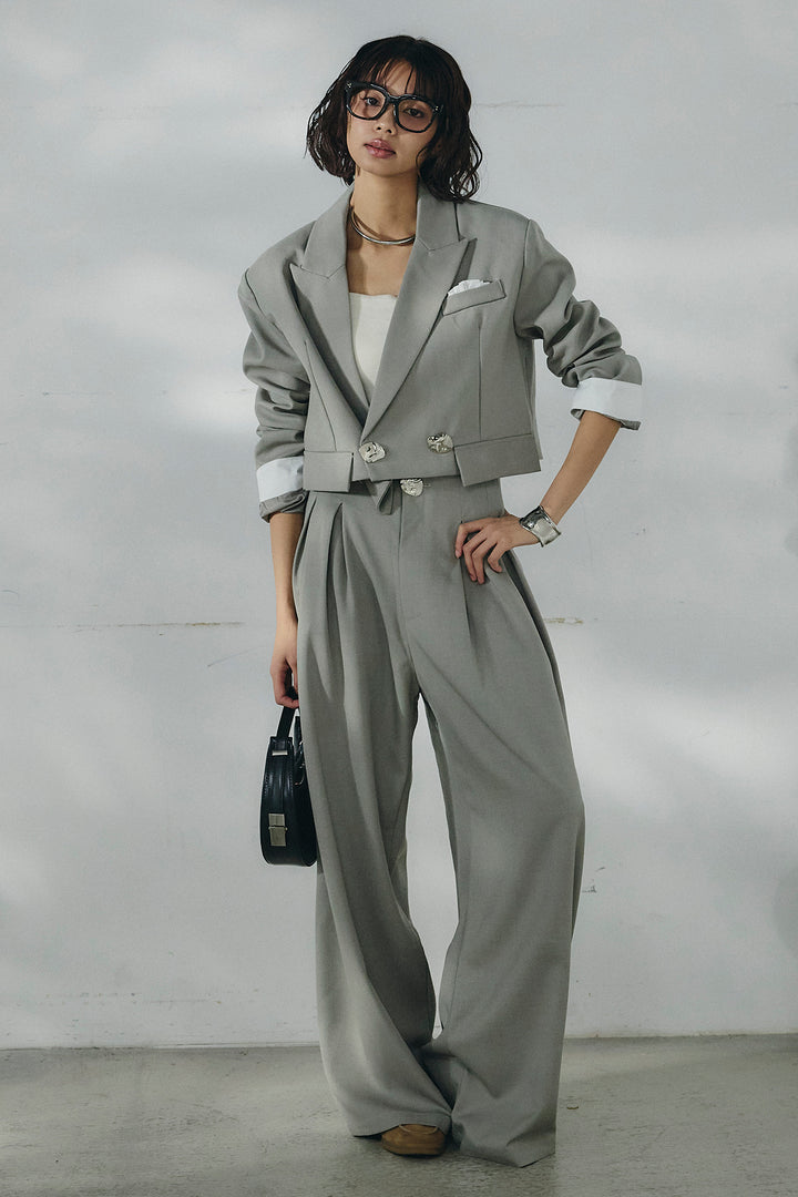 [SET]メタルプレートショート丈ジャケット+メタルプレートタックワイドパンツ(2set)