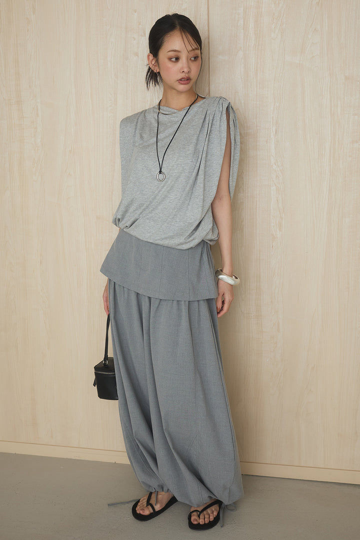 [SET]アシメスリーブバルーントップス+レイヤードウエストデザインカーブパンツ(2set)