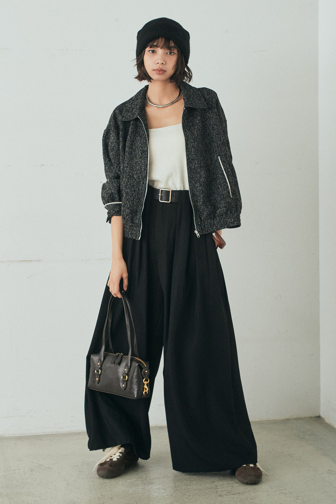 [SET]ツイード配色パイピングブルゾン+ベルト付きタックデザインハイウエストロングパンツ(2set)