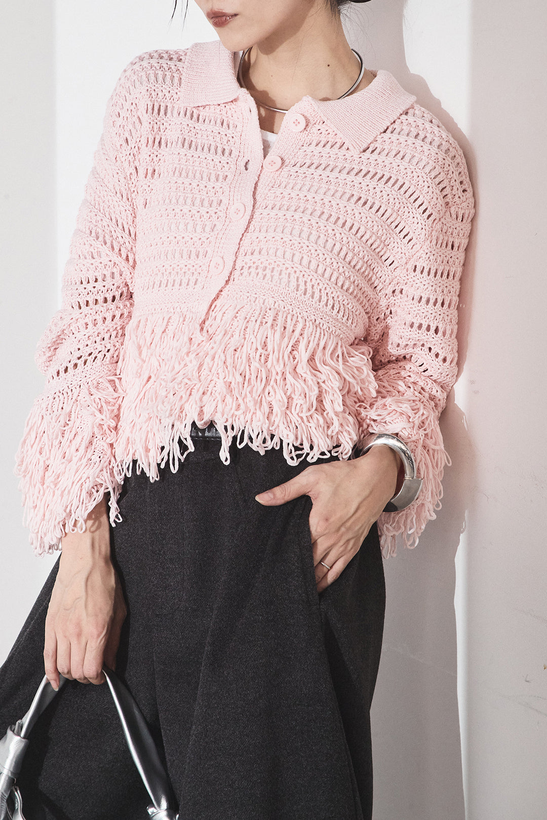 [SET]メッシュフリンジカーディガン+ウールタッチカーブワイドパンツ(2set)