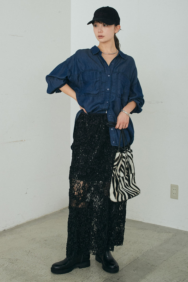 [SET]テンセルデニムシャツ+ラメ刺繍デザインスカート(2set)