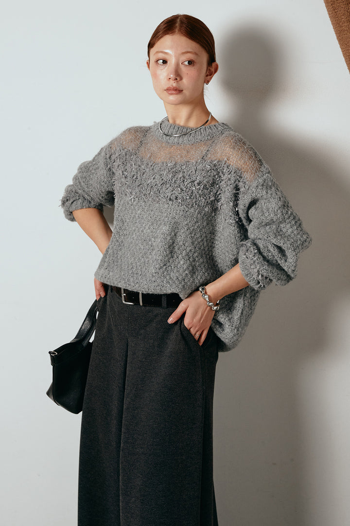 [SET]パターンランダム編みニットトップス+ベルト付きフロントタックデザインパンツ(2set)