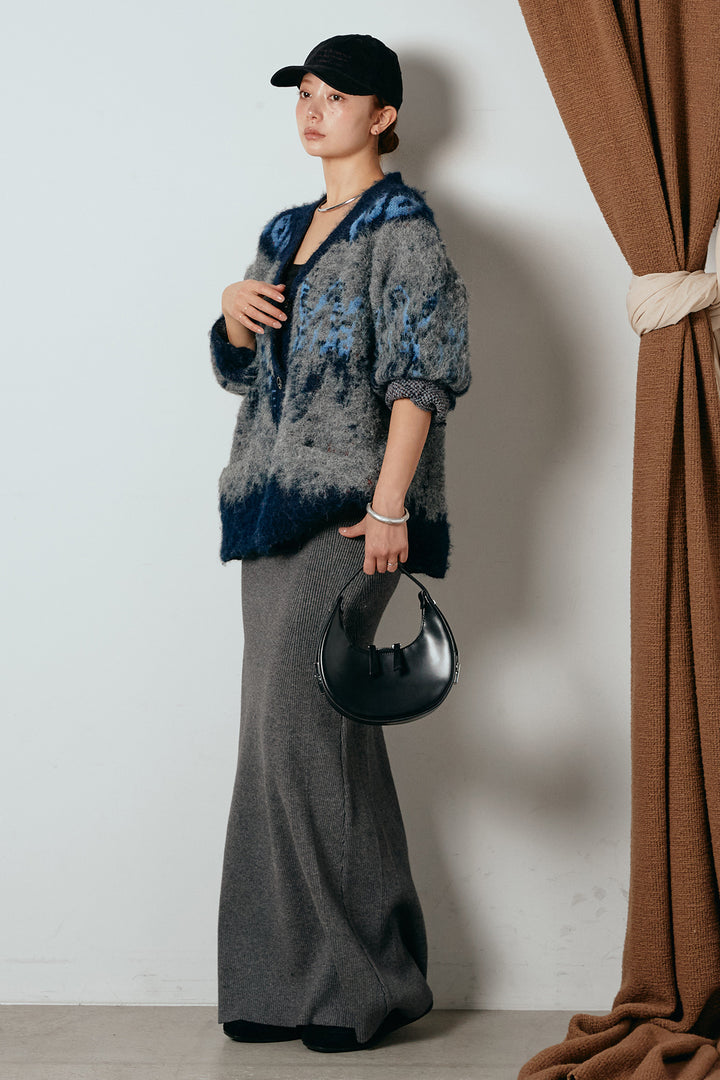 [SET]シャギーニュアンス柄ニットカーディガン+リブナローニットスカート(2set)