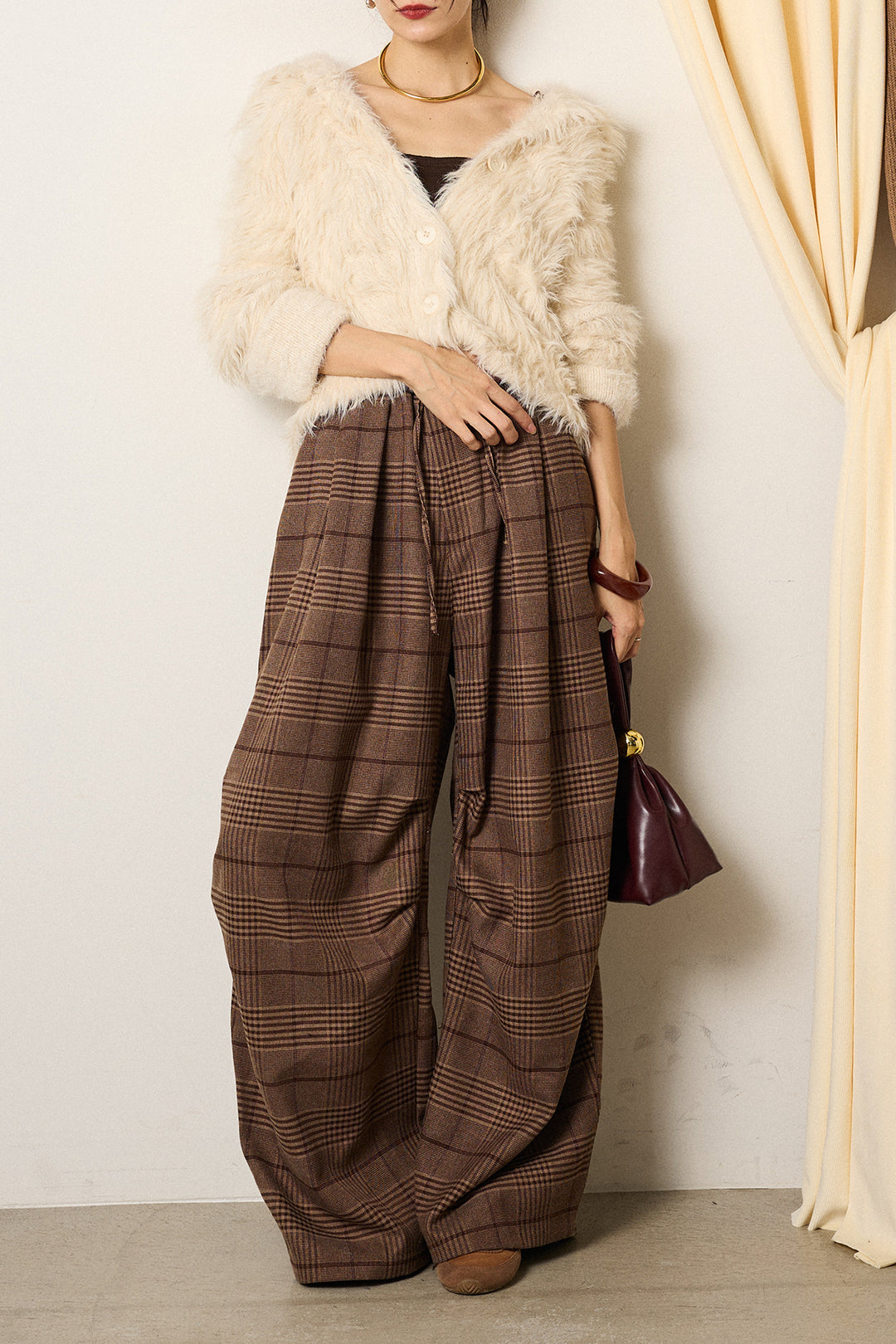 [SET]襟付きシャギーニットカーディガン+グレンチェックルーズタックパンツ(2set)