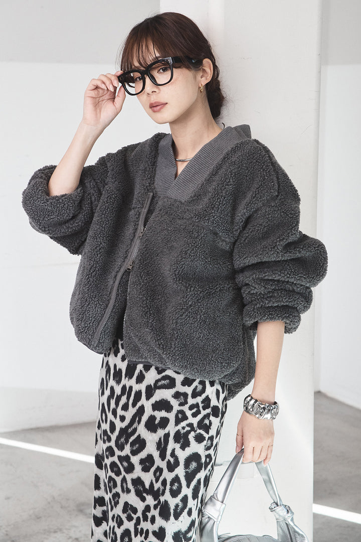 [SET]ノーカラーリブボアアウター+レオパードサテンナロースカート(2set)