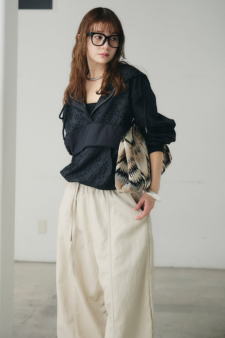 [SET]レースハーフジップアップフーディー+フェイクレザーカーブワイドパンツ(2set)