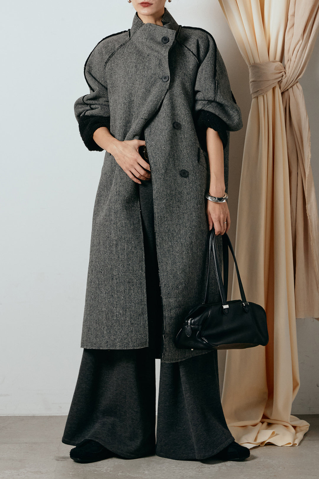[SET]裏地ボアハイネックロングアウター+フェイクレザー太ベルト付きタックワイドパンツ(2set)