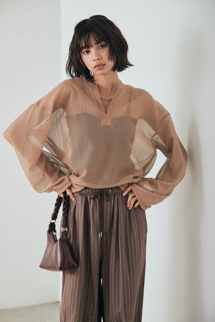 [SET]メッシュカットソースキッパープルオーバー+リネンライクストライプタックイージーパンツ(2set)