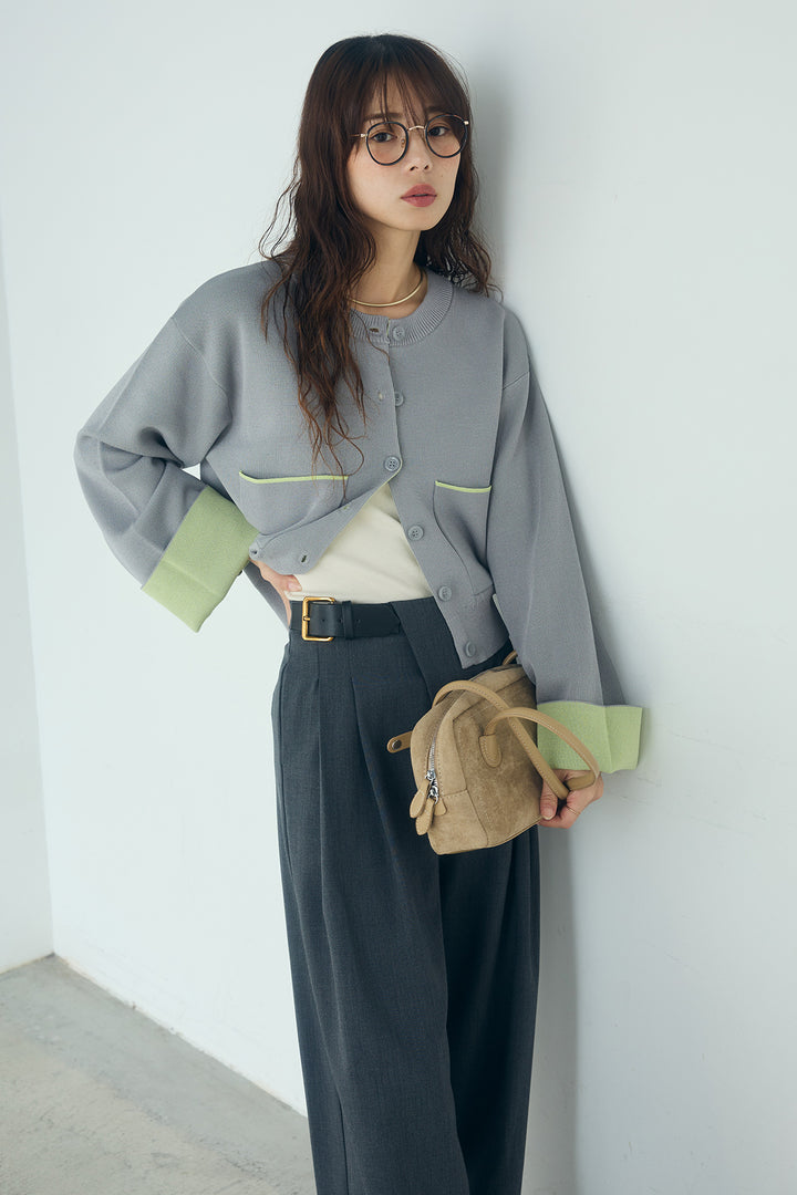 [SET]レーヨンポリダブルフェイスカーディガン+サイドベルトタック入りスラックス(2set)