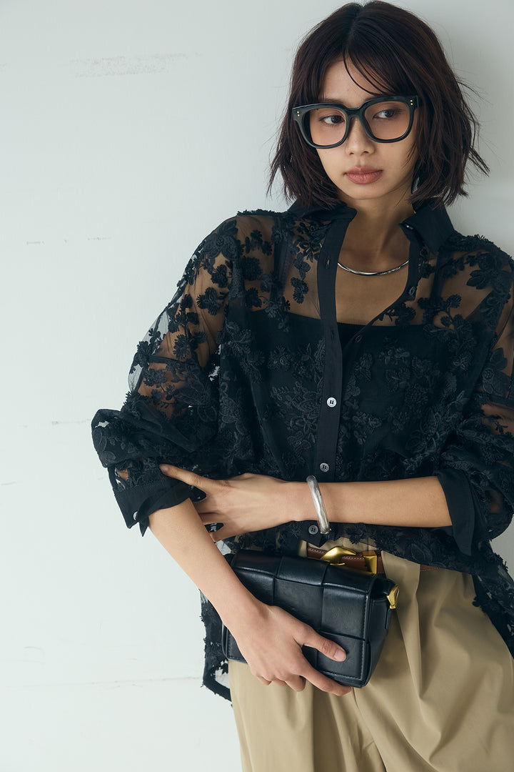 [SET]立体フラワー刺繍レースシャツ+ベルトループデザインハイウエストタックパンツ(2set)