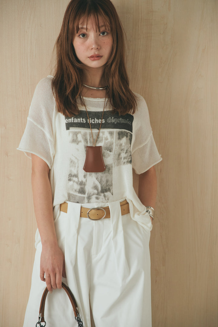 [SET]半袖モノトーングラフィックトップス+ベルトループデザインハイウエストタックパンツ(2set)