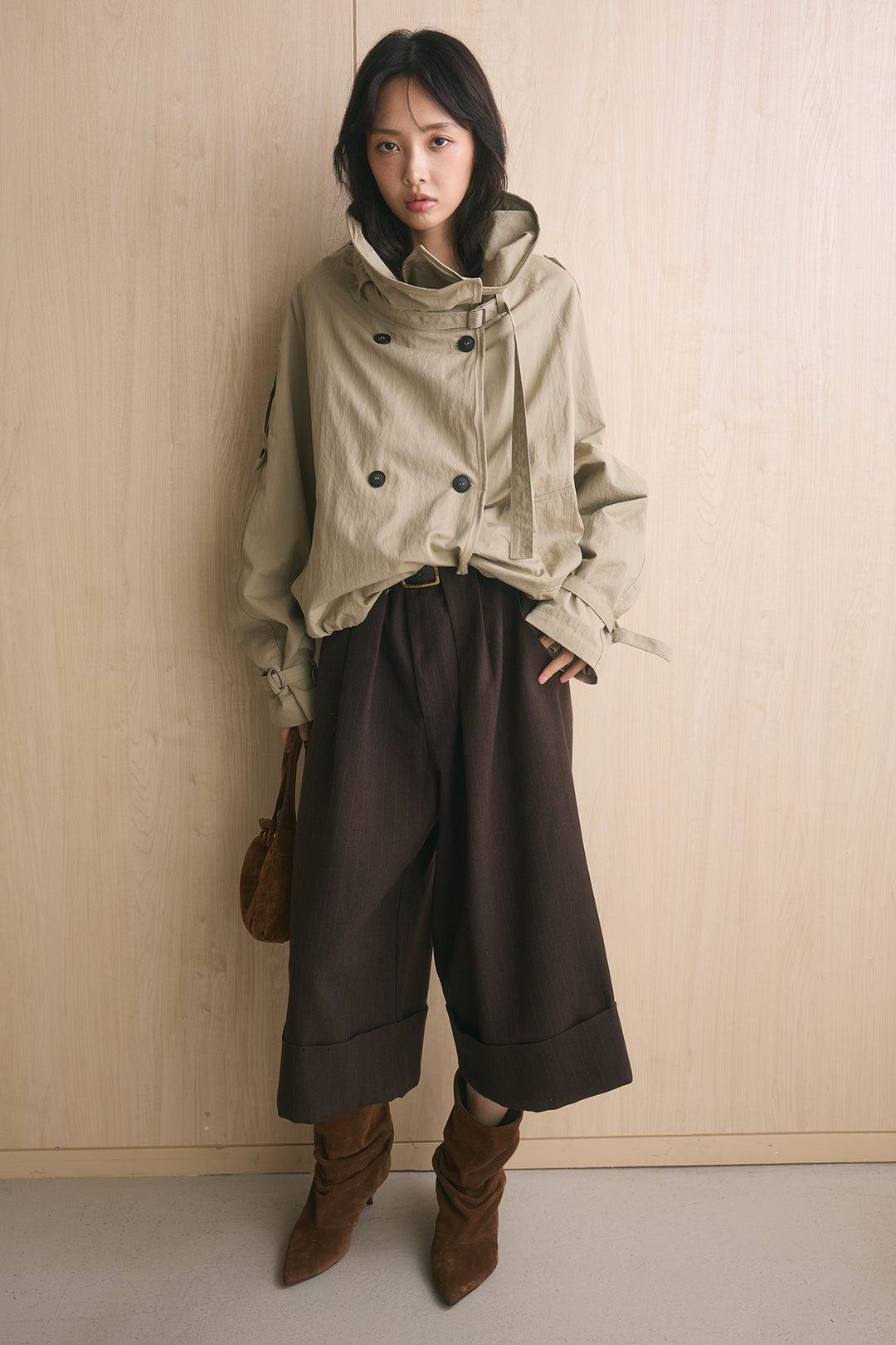 [SET]ハイネックバルーントレンチコート+ミドル丈ピンストライプパンツ(2set)