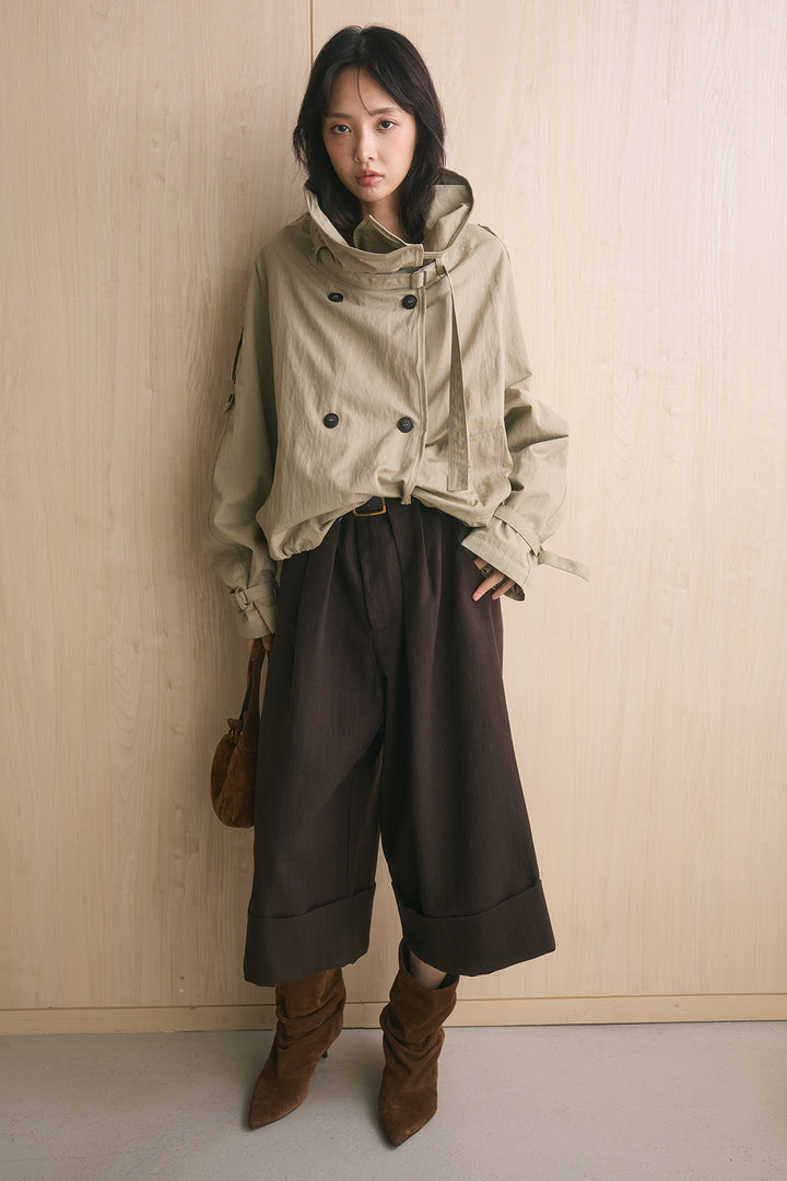 [SET]ハイネックバルーントレンチコート+ミドル丈ピンストライプパンツ(2set)