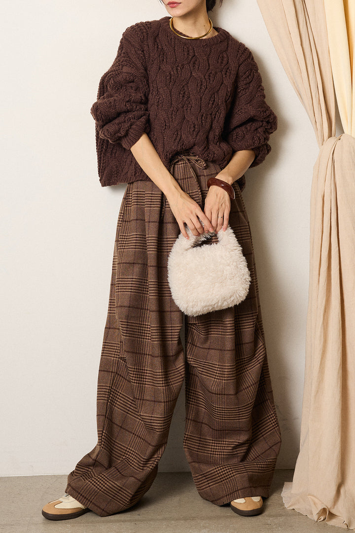 [SET]ケーブルリラックスショートニット+グレンチェックルーズタックパンツ(2set)