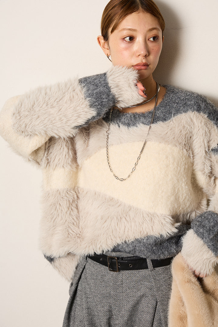 [SET]シャギーウェーブ柄クルーネックニットトップス+細ベルト付き起毛タックワイドパンツ(2set)