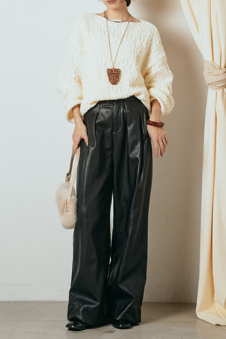 [SET]ボリューム編みニットプルオーバー+ベルト付きレザーライクタックパンツ(2set)