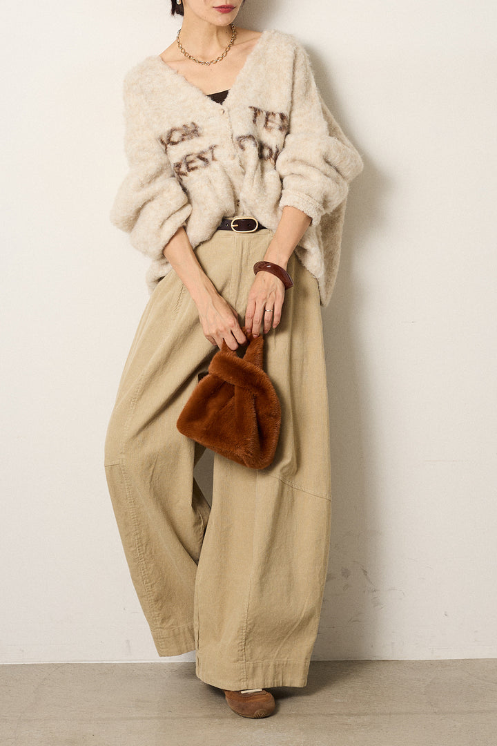 [SET]ウール混透かしロゴニットカーディガン+タック入りコーデュロイワイドパンツ(2set)