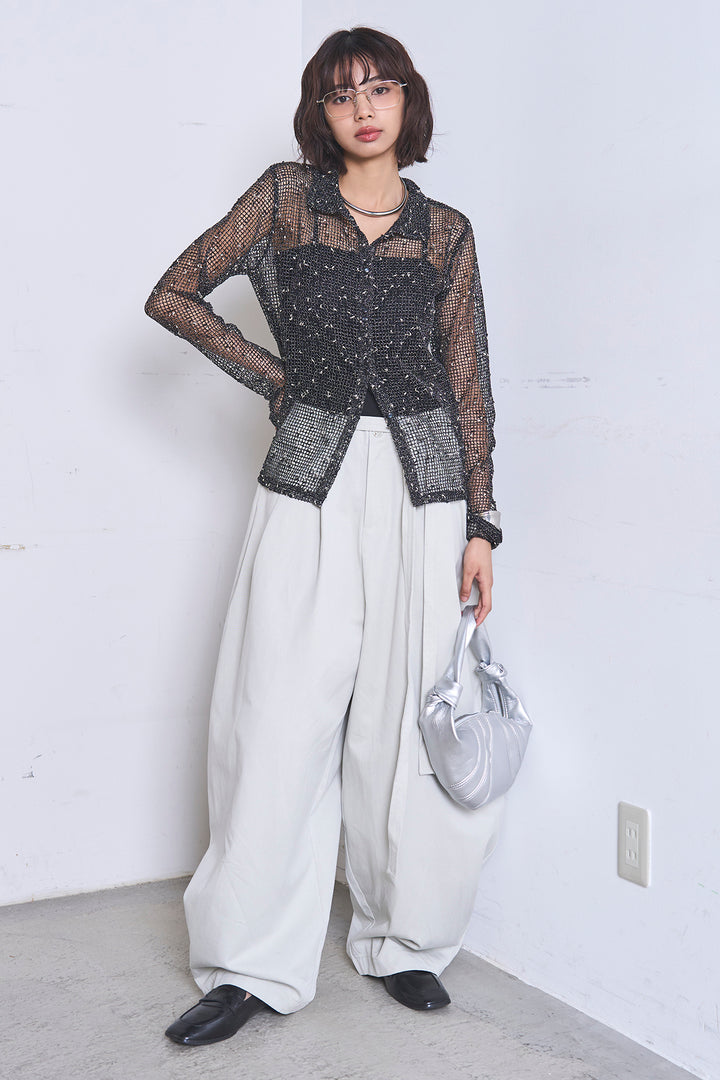 [SET]ネップメッシュポロ襟カーディガン+紐ベルト付きカーブワイドパンツ(2set)